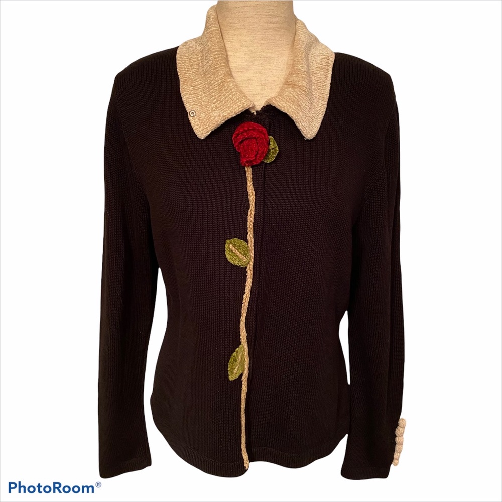 JAMIE KREITMAN SWEATER CARDIGAN BLACK CREAM 3D RED ROSE SIZE M